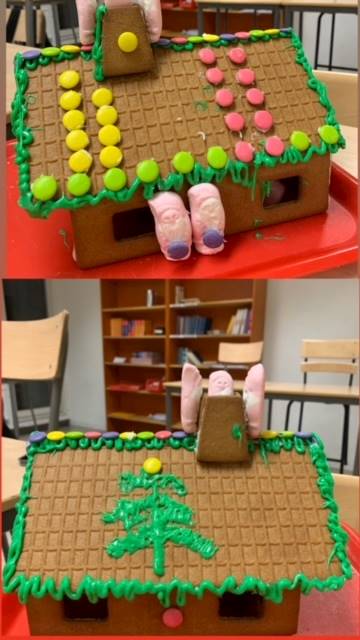 4. Skälltorpsskolan (Göteborg). Bilden föreställer ett pepparkakshus med grön glasyr runt kanterna på taket. Tre skumtomtar befinner sig vid skorstenen på taket och två stycken skumtomtar befinner sig nedanför hållandes i varsitt nonstop. På takets ena sida så finns det målat en gran med grön glasyr. På pepparkakstaket finns det även non-stop choklad i färgerna gult, grönt och rosa, samt ett fåtal i blått. 
