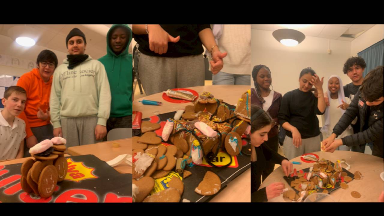 Tre bilder bredvid varandra med elever som står runt ett bord och försöker få pepparkakorna att hålla ihop