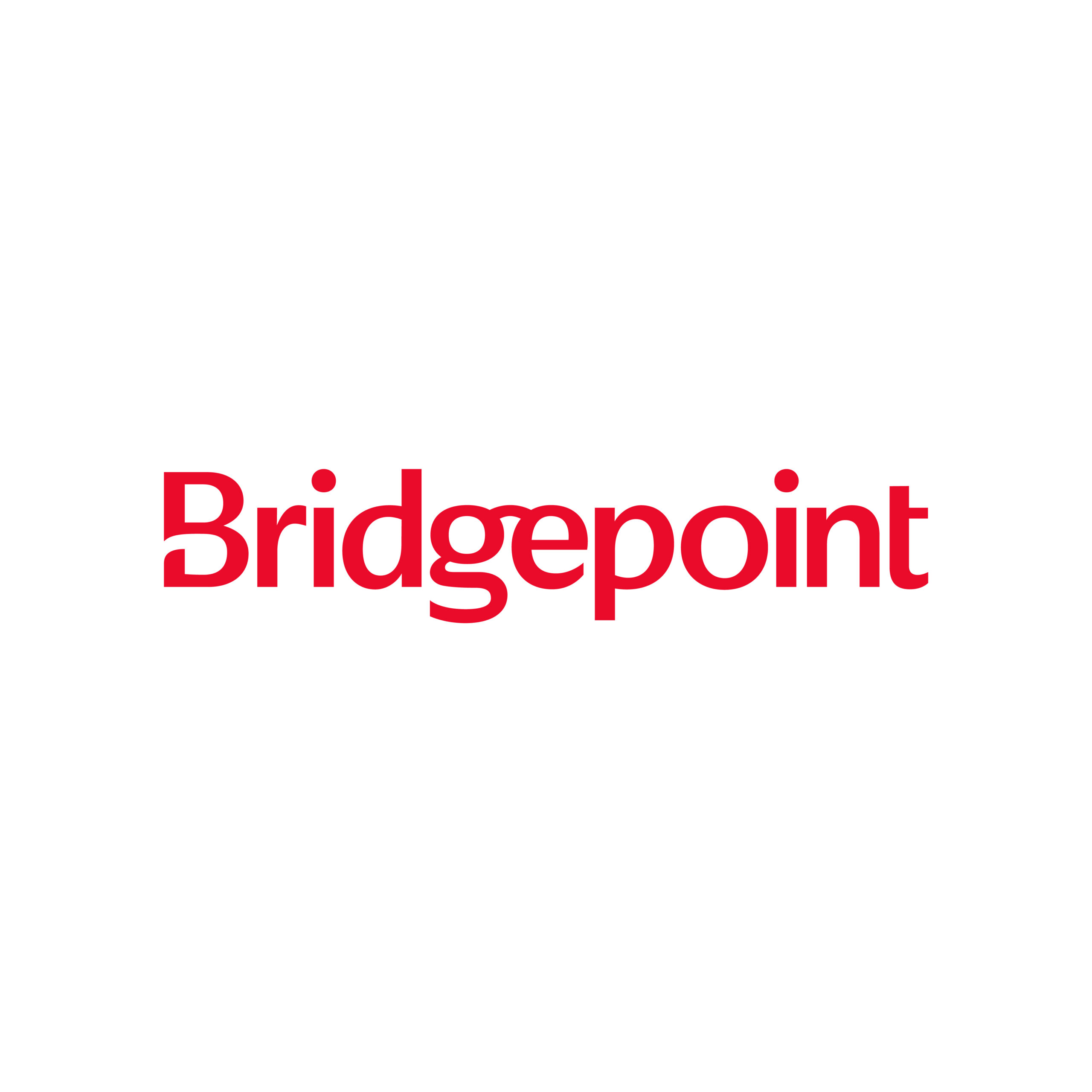 Vit bakgrund med en röd logotyp med texten "Bridgepoint"
