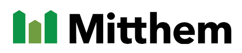 Liggande logotyp med gröna bostäder till vänster och svart text som lyder "Mitthem"