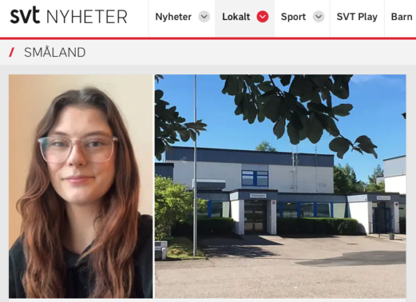 Skärmdump från SVT Nyheter Småland. I bild syns SVT:s logotyp och hemsida med en bild på Läxhjälpens regionchef Greta Gipper och en bild på Fagrabäckskolan.