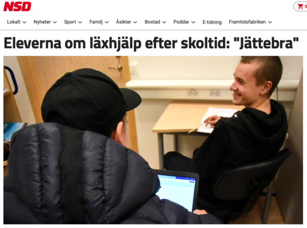 Skärmdump av tidningen NSD:s webbplats med rubriken "Eleverna om läxhjälp efter skoltid: Jättebra".