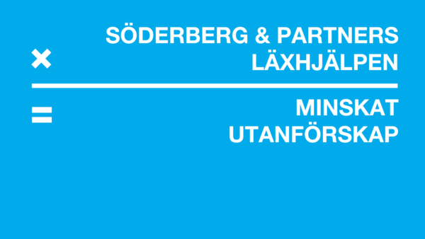 Blå bakgrund med vit ekvation på. I den vita ekvationen står det "Söderberg & Partners x Läxhjälpen = minskat utanförskap"
