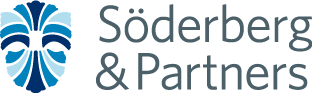 Söderberg & Partners logotyp med en blå symbol till vänster och företagsnamnet i text på två rader till höger