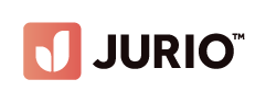 En orange-röd kvadrat med två vita grafiska element, följt av texten Jurio