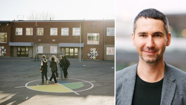 En bild uppdelad av två fotografier bredvid varandra: Till vänster ett foto på anonyma elever som går över en skolgård, till höger en porträttbild av en man i grå kostym